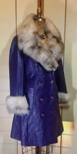 Vintage Coat- 70s Purple Leather Fox Fur Princess Coat Hippy Boho Princess Fit Flare S/M Trench Spy