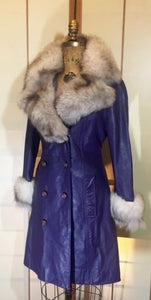 Vintage Coat- 70s Purple Leather Fox Fur Princess Coat Hippy Boho Princess Fit Flare S/M Trench Spy