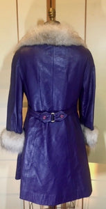 Vintage Coat- 70s Purple Leather Fox Fur Princess Coat Hippy Boho Princess Fit Flare S/M Trench Spy