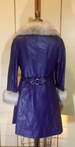 Vintage Coat- 70s Purple Leather Fox Fur Princess Coat Hippy Boho Princess Fit Flare S/M Trench Spy