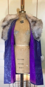 Vintage Coat- 70s Purple Leather Fox Fur Princess Coat Hippy Boho Princess Fit Flare S/M Trench Spy