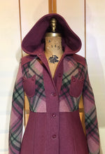 Load image into Gallery viewer, Vintage Coat- 70s Pink Plaid Hooded Princess Fit Flare Wool Coat Extra Small Extra Small Petite