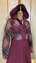 Load image into Gallery viewer, Vintage Coat- 70s Pink Plaid Hooded Princess Fit Flare Wool Coat Extra Small Extra Small Petite