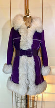 Load image into Gallery viewer, Vintage Shearling Coat- 70s Purple Suede Sherpa Afghan Hippy Boho Princess Penny Lane Almost Famous M RARE MODERN SIZE