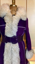 Load image into Gallery viewer, Vintage Shearling Coat- 70s Purple Suede Sherpa Afghan Hippy Boho Princess Penny Lane Almost Famous M RARE MODERN SIZE