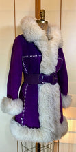 Load image into Gallery viewer, Vintage Shearling Coat- 70s Purple Suede Sherpa Afghan Hippy Boho Princess Penny Lane Almost Famous M RARE MODERN SIZE