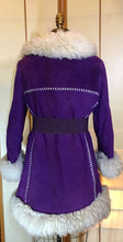 Load image into Gallery viewer, Vintage Shearling Coat- 70s Purple Suede Sherpa Afghan Hippy Boho Princess Penny Lane Almost Famous M RARE MODERN SIZE