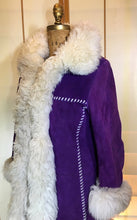 Load image into Gallery viewer, Vintage Shearling Coat- 70s Purple Suede Sherpa Afghan Hippy Boho Princess Penny Lane Almost Famous M RARE MODERN SIZE