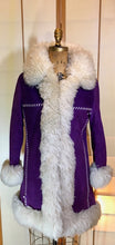 Load image into Gallery viewer, Vintage Shearling Coat- 70s Purple Suede Sherpa Afghan Hippy Boho Princess Penny Lane Almost Famous M RARE MODERN SIZE