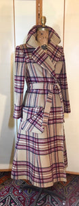 Vintage Coat- 70s Plaid "Burberry" Style Fox Fur Removable Collar Princess Coat Penny Lane Almost Famous Hippy Chic