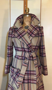 Vintage Coat- 70s Plaid "Burberry" Style Fox Fur Removable Collar Princess Coat Penny Lane Almost Famous Hippy Chic