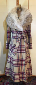 Vintage Coat- 70s Plaid "Burberry" Style Fox Fur Removable Collar Princess Coat Penny Lane Almost Famous Hippy Chic