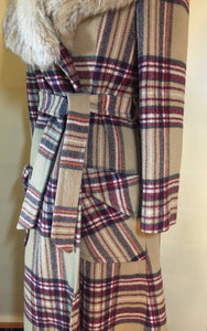 Vintage Coat- 70s Plaid "Burberry" Style Fox Fur Removable Collar Princess Coat Penny Lane Almost Famous Hippy Chic