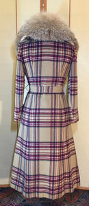 Vintage Coat- 70s Plaid "Burberry" Style Fox Fur Removable Collar Princess Coat Penny Lane Almost Famous Hippy Chic
