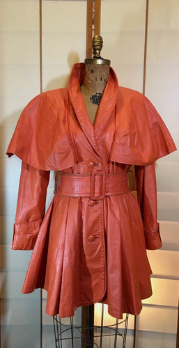 70s 80s Orange Leather Belted Cape Coat Full Jacket Flare Skirt Fit and Flare