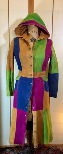 70s Vintage Coat Trench- Suede Hooded Color Block Leather Patchwork Fit Flare Hippy Boho Extra Small Rainbow