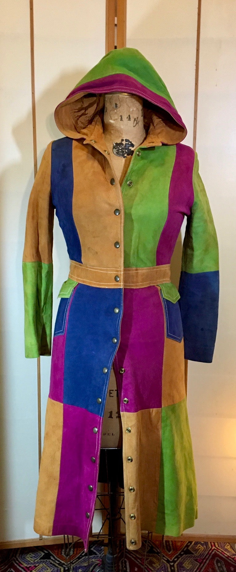 70s Vintage Coat Trench- Suede Hooded Color Block Leather Patchwork Fit Flare Hippy Boho Extra Small Rainbow