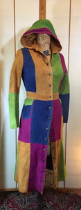 70s Vintage Coat Trench- Suede Hooded Color Block Leather Patchwork Fit Flare Hippy Boho Extra Small Rainbow