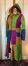 Load image into Gallery viewer, 70s Vintage Coat Trench- Suede Hooded Color Block Leather Patchwork Fit Flare Hippy Boho Extra Small Rainbow