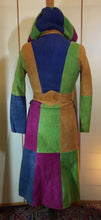 Load image into Gallery viewer, 70s Vintage Coat Trench- Suede Hooded Color Block Leather Patchwork Fit Flare Hippy Boho Extra Small Rainbow