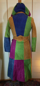 70s Vintage Coat Trench- Suede Hooded Color Block Leather Patchwork Fit Flare Hippy Boho Extra Small Rainbow