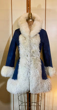 Load image into Gallery viewer, Vintage Women's Coat- 70s Lilli Ann Shearling Blue Suede Fit and Flare Princess Jeweled Afghan Thick Sheepskin S/M Penny Lane Boho Coat