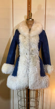 Load image into Gallery viewer, Vintage Women's Coat- 70s Lilli Ann Shearling Blue Suede Fit and Flare Princess Jeweled Afghan Thick Sheepskin S/M Penny Lane Boho Coat