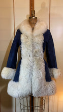 Load image into Gallery viewer, Vintage Women's Coat- 70s Lilli Ann Shearling Blue Suede Fit and Flare Princess Jeweled Afghan Thick Sheepskin S/M Penny Lane Boho Coat