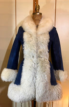 Load image into Gallery viewer, Vintage Women's Coat- 70s Lilli Ann Shearling Blue Suede Fit and Flare Princess Jeweled Afghan Thick Sheepskin S/M Penny Lane Boho Coat