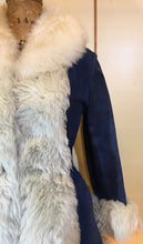 Load image into Gallery viewer, Vintage Women's Coat- 70s Lilli Ann Shearling Blue Suede Fit and Flare Princess Jeweled Afghan Thick Sheepskin S/M Penny Lane Boho Coat