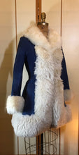 Load image into Gallery viewer, Vintage Women's Coat- 70s Lilli Ann Shearling Blue Suede Fit and Flare Princess Jeweled Afghan Thick Sheepskin S/M Penny Lane Boho Coat