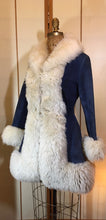 Load image into Gallery viewer, Vintage Women's Coat- 70s Lilli Ann Shearling Blue Suede Fit and Flare Princess Jeweled Afghan Thick Sheepskin S/M Penny Lane Boho Coat