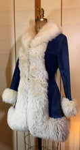 Load image into Gallery viewer, Vintage Women's Coat- 70s Lilli Ann Shearling Blue Suede Fit and Flare Princess Jeweled Afghan Thick Sheepskin S/M Penny Lane Boho Coat