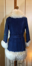 Load image into Gallery viewer, Vintage Women's Coat- 70s Lilli Ann Shearling Blue Suede Fit and Flare Princess Jeweled Afghan Thick Sheepskin S/M Penny Lane Boho Coat