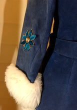 Load image into Gallery viewer, Vintage Women's Coat- 70s Lilli Ann Shearling Blue Suede Fit and Flare Princess Jeweled Afghan Thick Sheepskin S/M Penny Lane Boho Coat