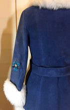 Load image into Gallery viewer, Vintage Women's Coat- 70s Lilli Ann Shearling Blue Suede Fit and Flare Princess Jeweled Afghan Thick Sheepskin S/M Penny Lane Boho Coat
