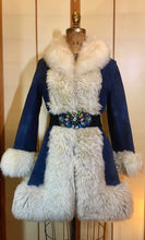 Load image into Gallery viewer, Vintage Women's Coat- 70s Lilli Ann Shearling Blue Suede Fit and Flare Princess Jeweled Afghan Thick Sheepskin S/M Penny Lane Boho Coat