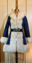 Load image into Gallery viewer, Vintage Women's Coat- 70s Lilli Ann Shearling Blue Suede Fit and Flare Princess Jeweled Afghan Thick Sheepskin S/M Penny Lane Boho Coat