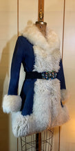 Load image into Gallery viewer, Vintage Women's Coat- 70s Lilli Ann Shearling Blue Suede Fit and Flare Princess Jeweled Afghan Thick Sheepskin S/M Penny Lane Boho Coat