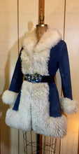 Load image into Gallery viewer, Vintage Women's Coat- 70s Lilli Ann Shearling Blue Suede Fit and Flare Princess Jeweled Afghan Thick Sheepskin S/M Penny Lane Boho Coat