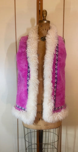 70s Pink Suede and Shearling Afghan Vest- Embroidered lamb Sheep Skin Reversible Flexible Size Unisex S/M/L Hippy Boho