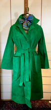 Load image into Gallery viewer, Women's Vintage Coat Hat- 60s Mod Green Suede Spy Trench 3 Piece Ensemble Hat Scarf Coat Rainbow Lining S/M/L