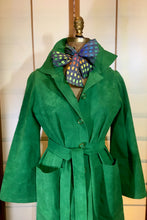 Load image into Gallery viewer, Women's Vintage Coat Hat- 60s Mod Green Suede Spy Trench 3 Piece Ensemble Hat Scarf Coat Rainbow Lining S/M/L