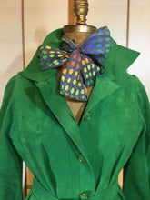 Load image into Gallery viewer, Women's Vintage Coat Hat- 60s Mod Green Suede Spy Trench 3 Piece Ensemble Hat Scarf Coat Rainbow Lining S/M/L