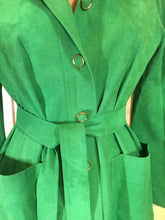 Load image into Gallery viewer, Women's Vintage Coat Hat- 60s Mod Green Suede Spy Trench 3 Piece Ensemble Hat Scarf Coat Rainbow Lining S/M/L