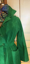 Load image into Gallery viewer, Women's Vintage Coat Hat- 60s Mod Green Suede Spy Trench 3 Piece Ensemble Hat Scarf Coat Rainbow Lining S/M/L