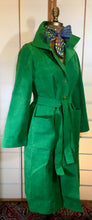 Load image into Gallery viewer, Women's Vintage Coat Hat- 60s Mod Green Suede Spy Trench 3 Piece Ensemble Hat Scarf Coat Rainbow Lining S/M/L