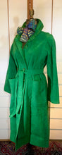 Load image into Gallery viewer, Women's Vintage Coat Hat- 60s Mod Green Suede Spy Trench 3 Piece Ensemble Hat Scarf Coat Rainbow Lining S/M/L