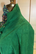 Load image into Gallery viewer, Women's Vintage Coat Hat- 60s Mod Green Suede Spy Trench 3 Piece Ensemble Hat Scarf Coat Rainbow Lining S/M/L