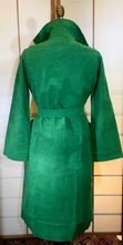Load image into Gallery viewer, Women's Vintage Coat Hat- 60s Mod Green Suede Spy Trench 3 Piece Ensemble Hat Scarf Coat Rainbow Lining S/M/L